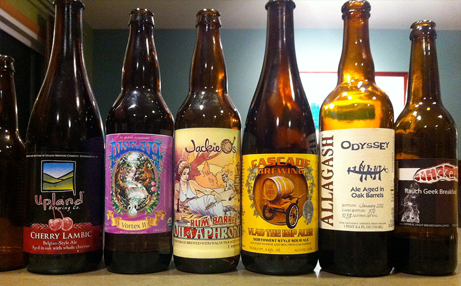 November 4th, 2011: Upland - Cherry Lambic Pishah - Vortex II Jackie O's - Rum Barrel Oil of Aphrodite  Cascade - Vlad the Imp Aler Allagash - Odyssey Mikkeller - Rauch Geek Breakfast