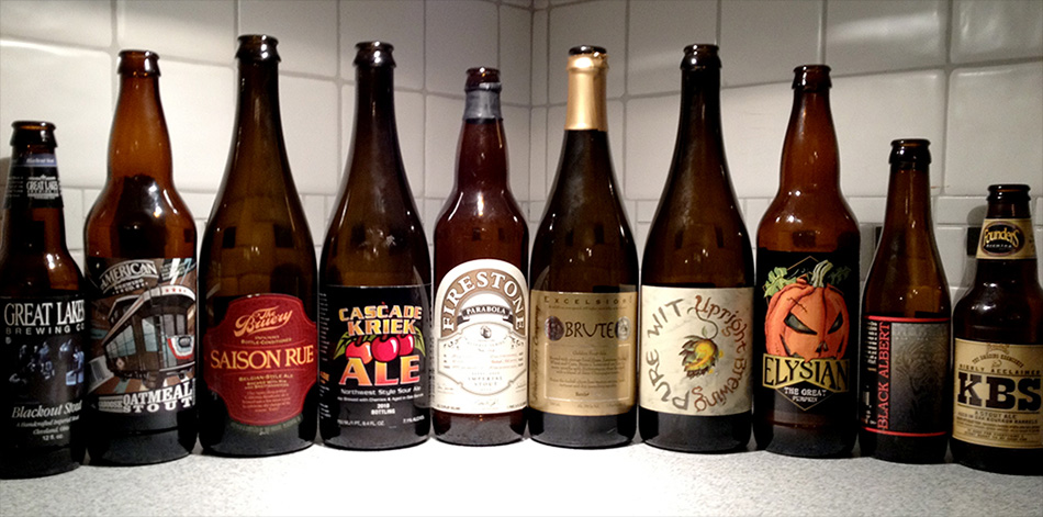 November 30th, 2011: Great Lakes - Blackout Stout American - Caboose Oatmeal Stout The Bruery - Saison Rue Cascade - Kriek Firestone Walker - Parabola Ithaca - Brute  Upright - Pure Wit Elysian - The Great Pumpkin De Struise - Black Albert Founders - 2010 KBS