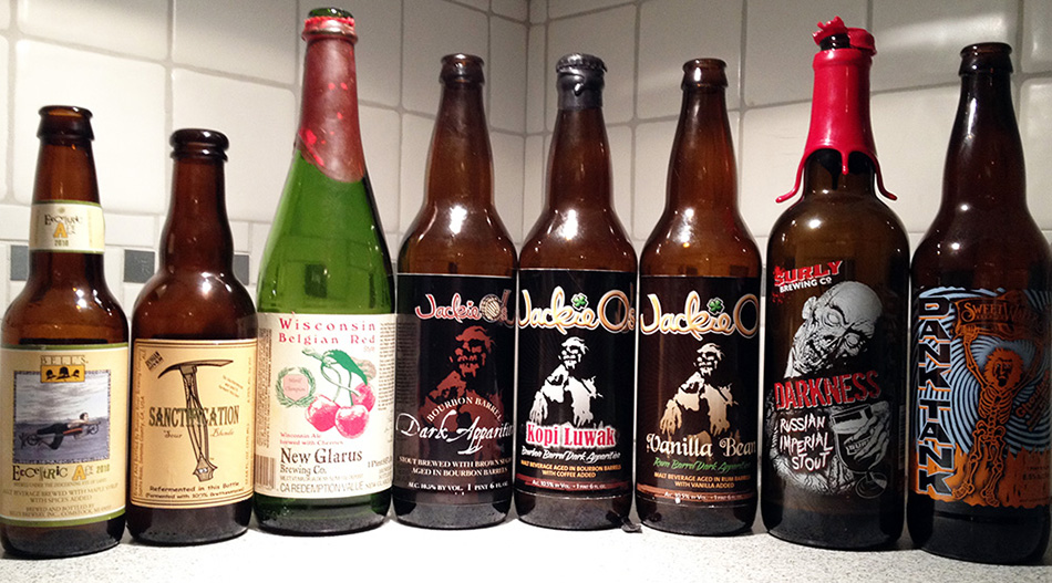 December 14th, 2011: Bell's - Eccentric Ale Russian River - Sanctification  New Glarus - Wisconsin Belgian Red  Jackie O's - Bourbon Barrel Dark Apparition  Jackie O's - Bourbon Barrel Kopi Luwak Dark Apparition Jackie O's - Vanilla Bean Rum Barrell Dark Apparition Surley - 2011 Darkness Sweetwater - Dank Tank