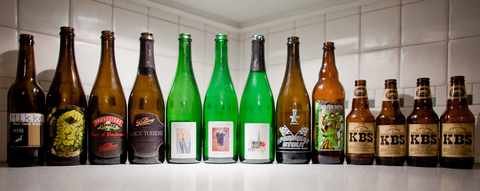 February 29th, 2012: Brew Kettle - White Rajah Westvleteren 8 (2009) Dogfish Head - Bitches Brew Funkworks - Helter Speller Vanberg & DeWulf - Lambickx Half Acre - Big Hugs Goose Island - King Henry 3 Floyds - Behemoth Firestone Walker - Sucaba The Bruery - Batch 300 Tripel Hair of the Dog - Doggie Claws Goose Island - Icarus (2005)